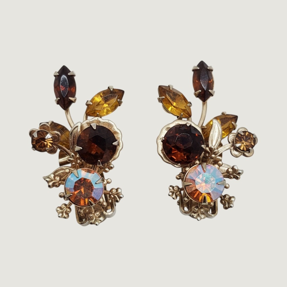 Vintage Amber Austrian Crystal AB Rhinestone Floral Gold Tone Clip On Earrings
